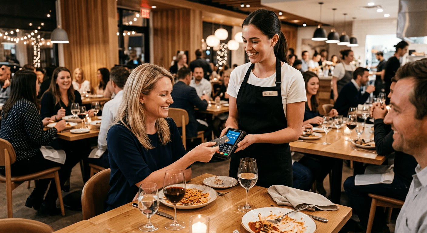 Server bringing payment terminal to restaurant table